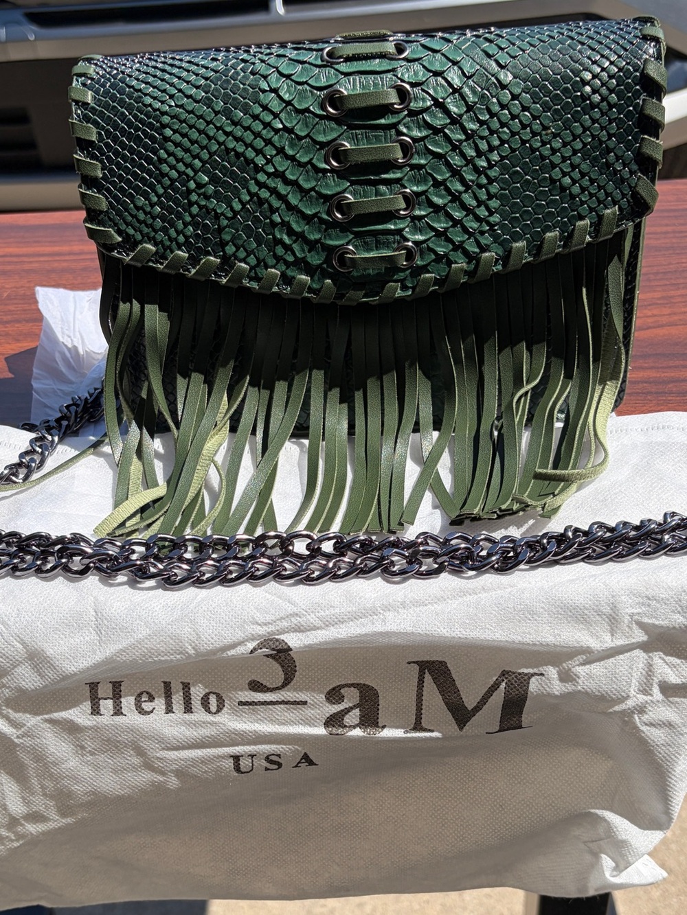 Hello 3AM Green Python Print Fringe Crossbody Bag Iridescent Chain